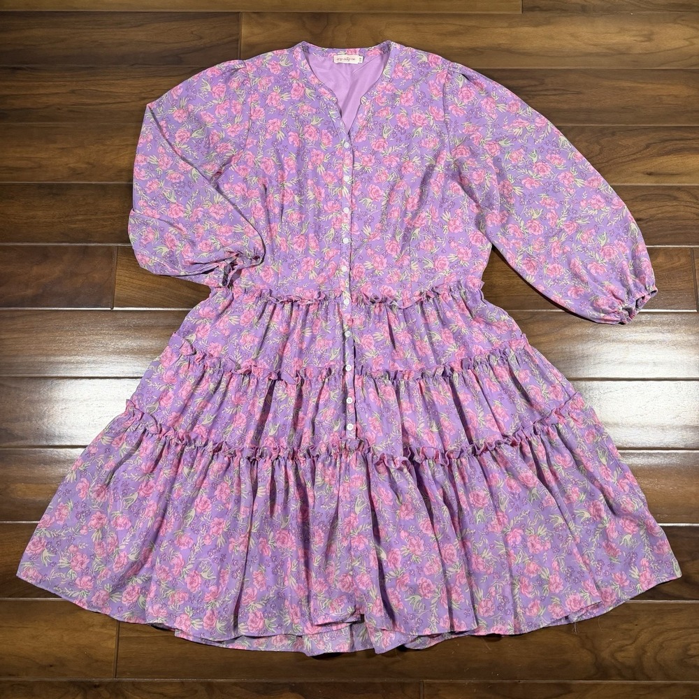 Ivy City Co Women's Size 16 W Purple Pink Floral Lydia Long Sleeve Tiered Dress